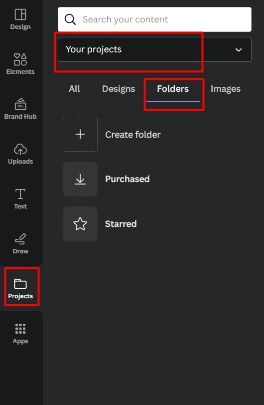 Canva lets you organize projects and folders