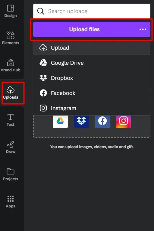 Canva lets you upload file in various formats