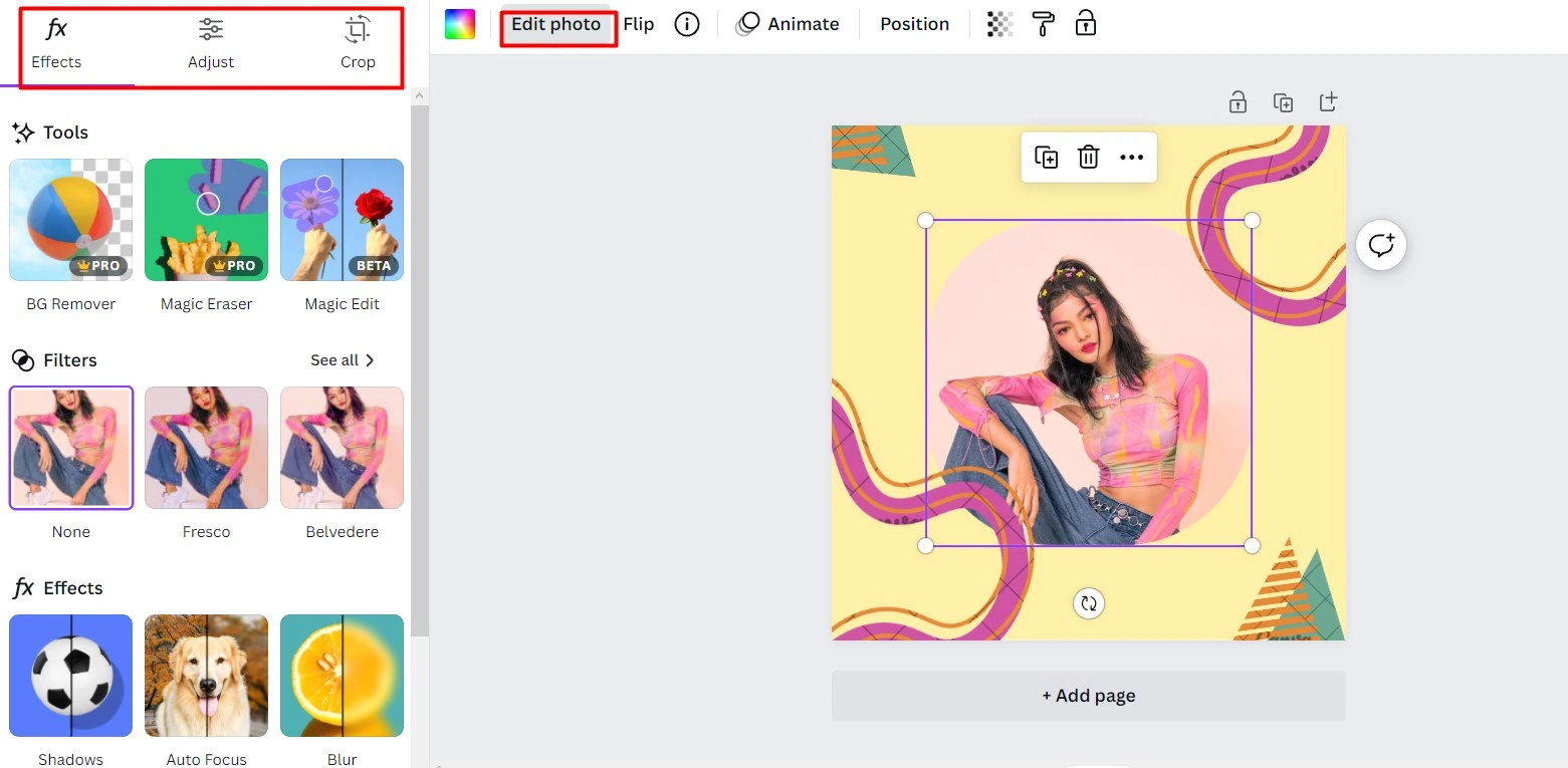 Canva offers basic image editing tools