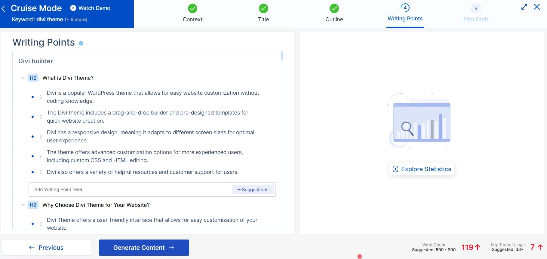 Scalenut generating writing points