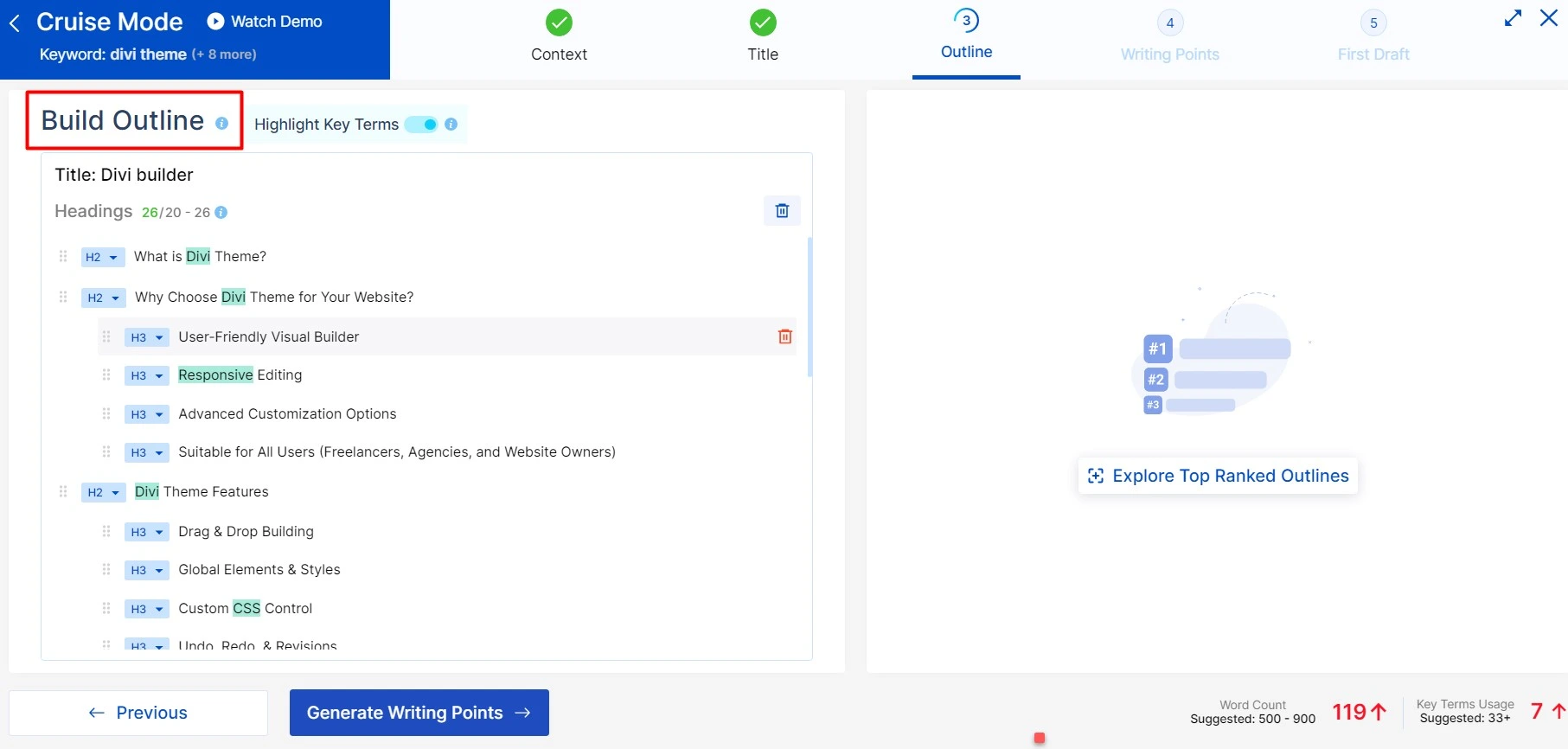 Scalenut outline of the content