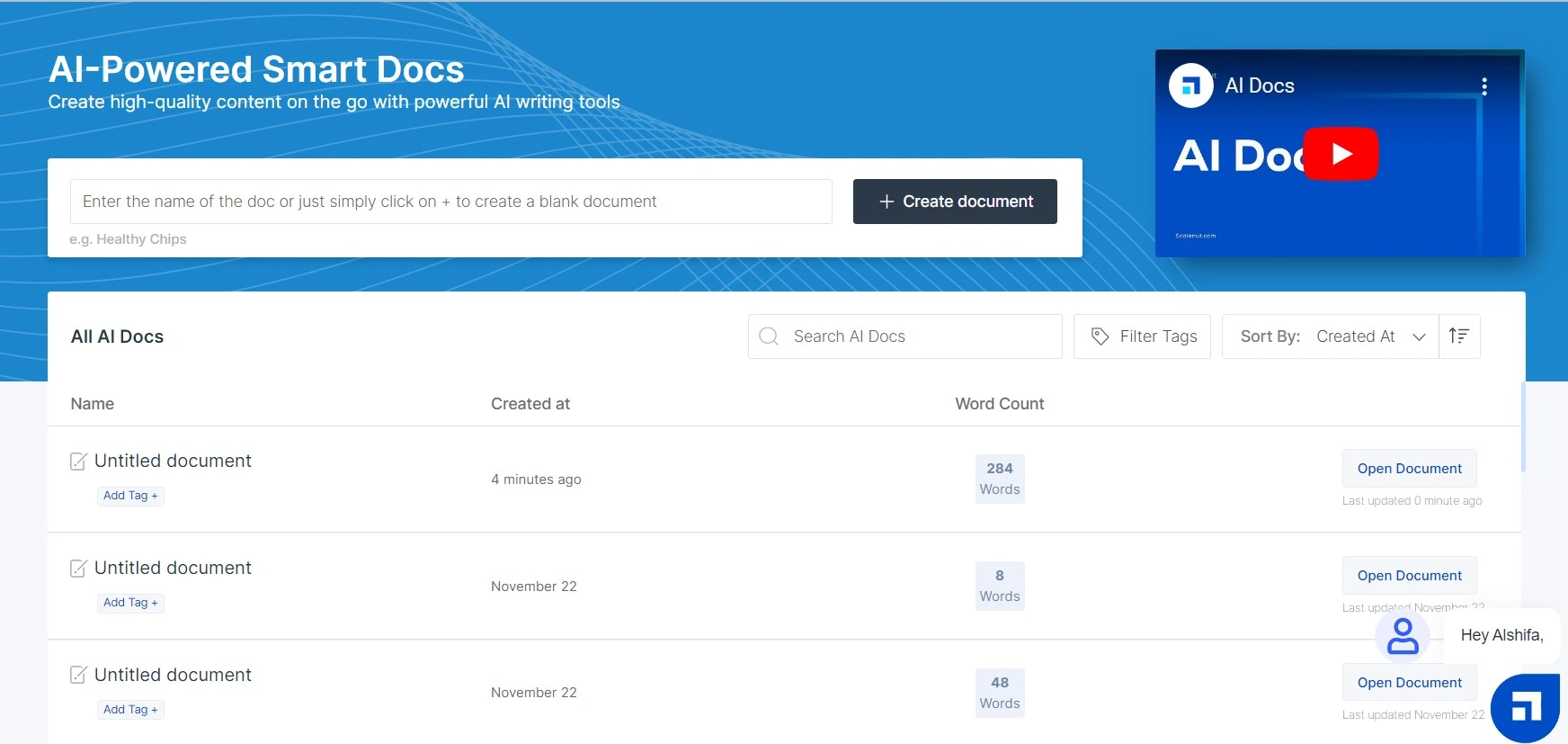 The AI-powered smart document feature of Scalenut