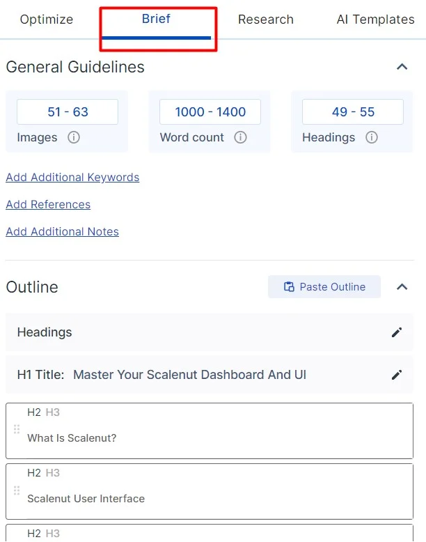 Content Brief of Scalenut will display all of the scraped data