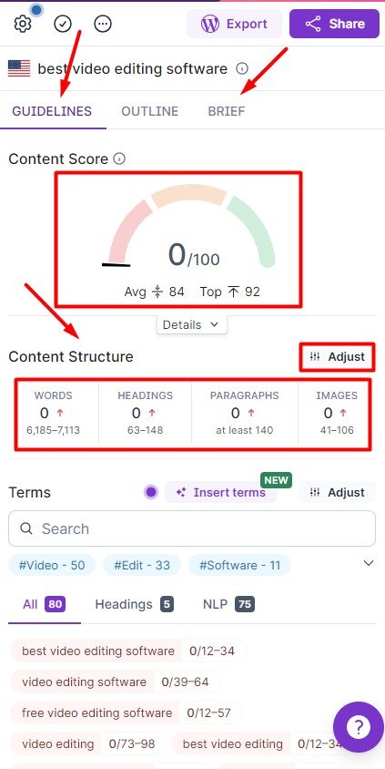 Content Editor Menu in Surfer Seo