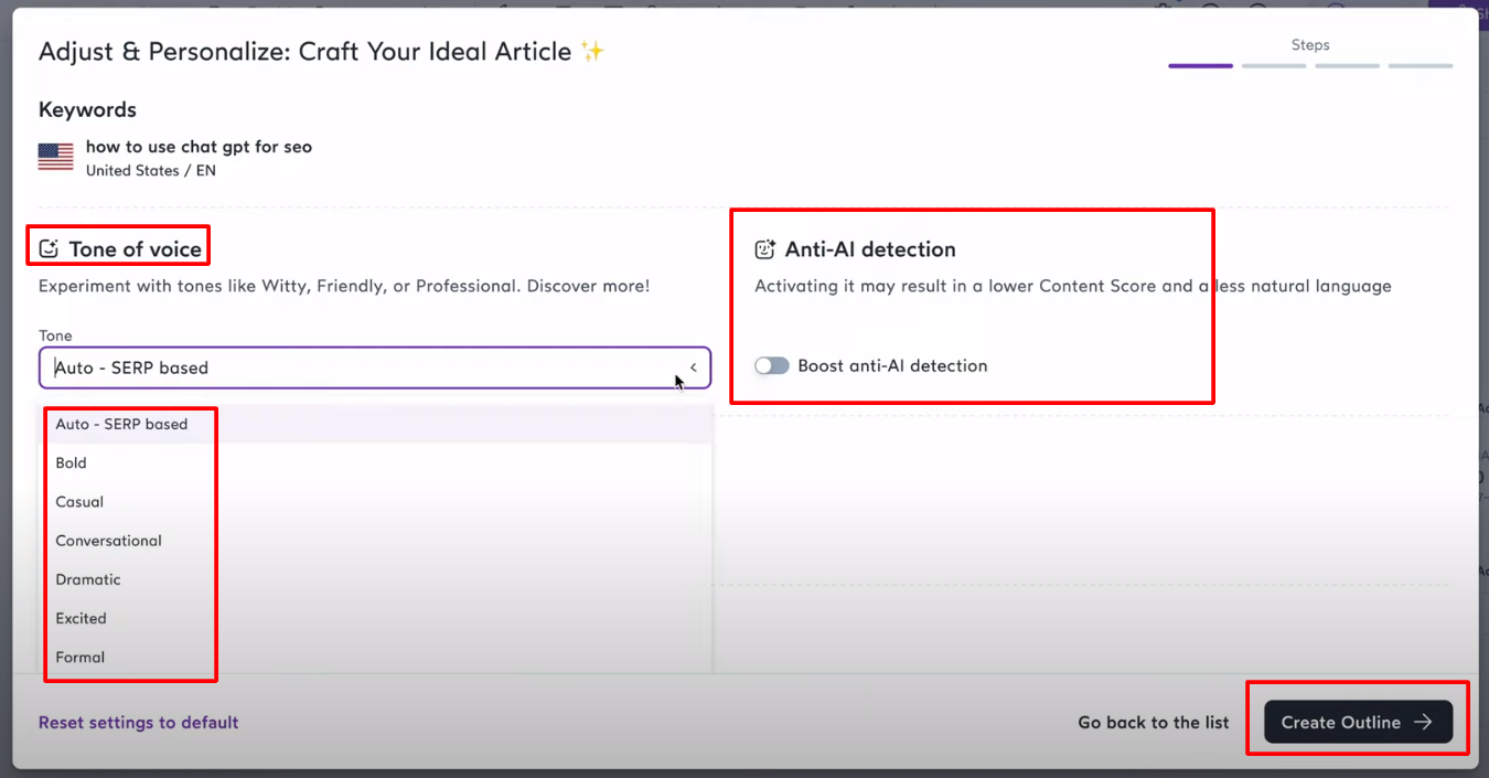 Surfer Seo Selecting Tone of Voice 